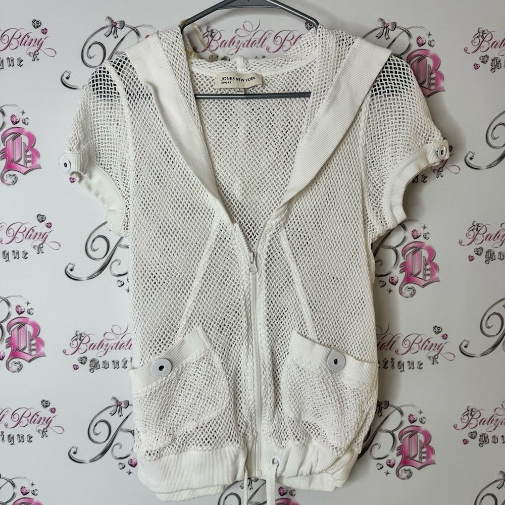 Jones New York Sport White Mesh Vest tshirt tee zip up cardigan mesh fishnet